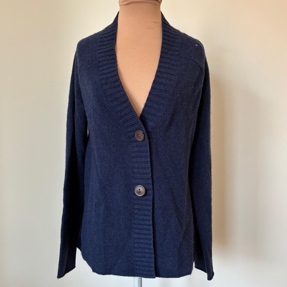 White+Warren Blue Button Up Ribbed Trim V-Neck Cashmere Cardigan Sweater EUC M - Picture 1 of 8